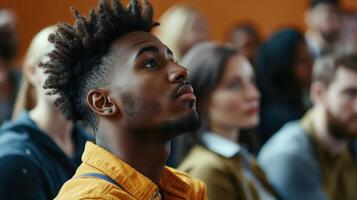 Young man attentively listens to a presentation in a crowd photo