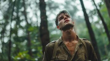 Soldier Looking Upward In A Rain Forest photo