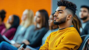 Young Man Attentively Listening in a Lecture Hall photo