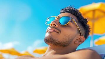 A man in sunglasses and a shirt laying on a beach chair photo