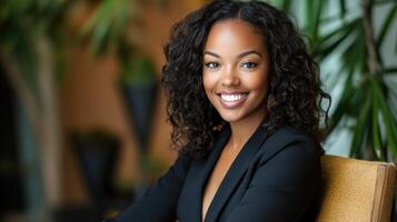 A Confident Young Woman Smiles in a Professional Portrait photo