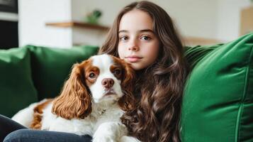 Girl cuddling her Cavalier King Charles Spaniel on a green couch photo