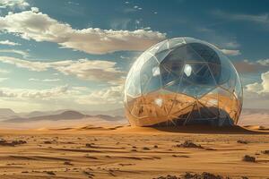 A futuristic looking glass dome in the desert photo