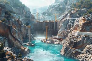 A river flows through a mountain range with a dam in the middle photo