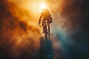 A cyclist is riding through the fog at sunset photo