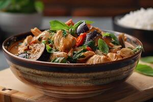 A bowl of curry with rice and vegetables photo