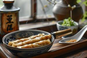 A bowl of food on a tray photo
