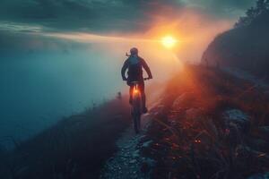A person riding a bike on a trail at sunset photo