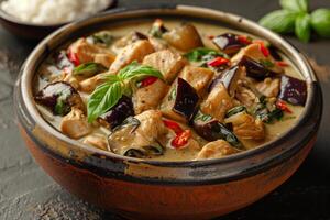 A bowl of chicken and eggplant curry with rice photo
