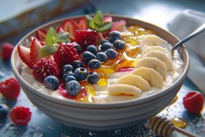 A bowl of fruit and cereal photo
