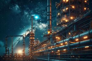 Oil refinery at night with stars and milky way photo