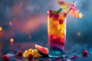 A colorful drink with a umbrella and fruit on a table photo