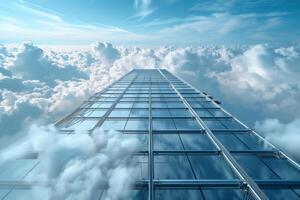 A tall building is seen in the clouds photo