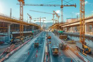 Construction cranes on a highway with construction equipment photo