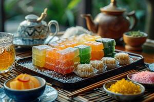 A tray of food on a table photo