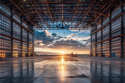 An empty hangar with the sun setting behind it photo