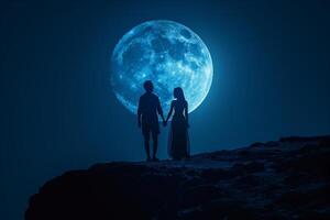 A couple standing on a hill with a full moon in the background photo