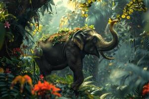 An elephant is walking through the jungle with flowers on its trunk photo