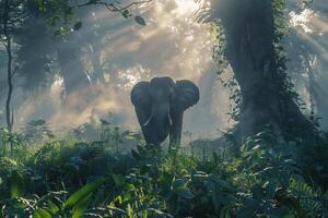 An elephant is walking through the jungle photo