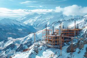 A building on top of a mountain with snow photo