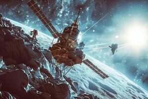 An astronaut is standing on the moon with a space station photo