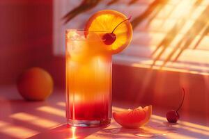 A drink with orange slices and a cherry on the table photo