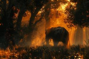 An elephant walking through the woods at sunset photo