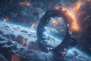 An alien spaceship is flying over the earth photo