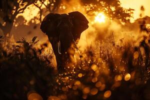 An elephant is walking through the grass at sunset photo