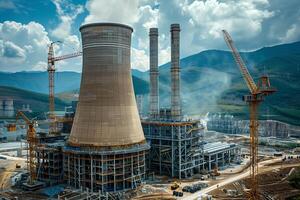 A large power plant with chimneys and construction equipment photo