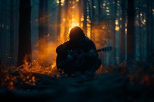 A person sitting in the woods playing an acoustic guitar photo