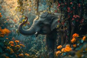 An elephant in the jungle with flowers and leaves photo