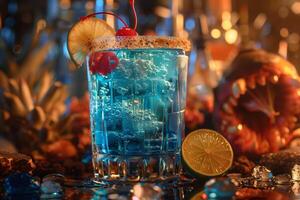 A blue cocktail with a cherry on top photo