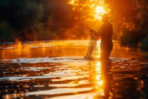A man in a hat is standing in the water with a fishing net photo