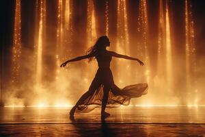 A woman in a long dress is dancing in front of a spotlight photo