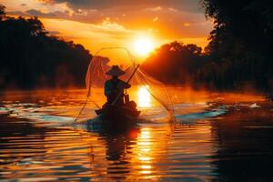 A man in a boat with a net photo