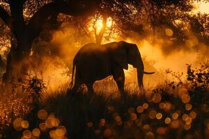 An elephant is walking through the grass at sunset photo