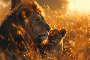 Lion and cub in the grass at sunset photo
