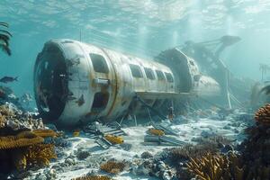 An underwater scene with a ship and coral photo