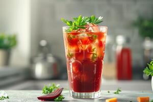 A glass of bloody drink with garnishes on the counter photo