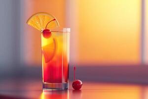 A colorful cocktail with orange slices and a cherry photo