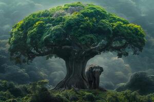 A large tree with a large elephant under it photo