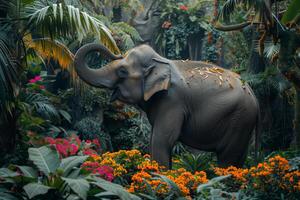 An elephant standing in a jungle surrounded by flowers photo