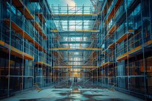 An empty building with scaffolding and windows photo
