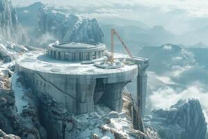 A futuristic building on top of a mountain photo