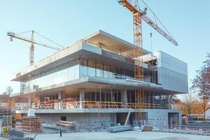 A building under construction with cranes and a crane photo