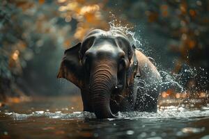 An elephant is splashing water in the water photo