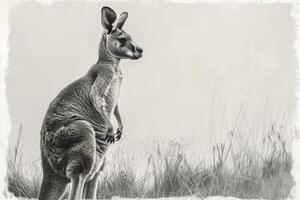 A black and white photo of a kangaroo standing in the grass
