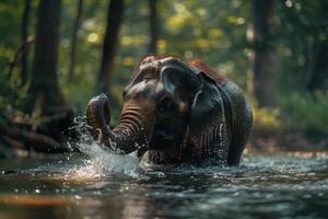 An elephant is walking through a river in the forest photo