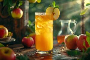 A glass of juice with an apple on top photo